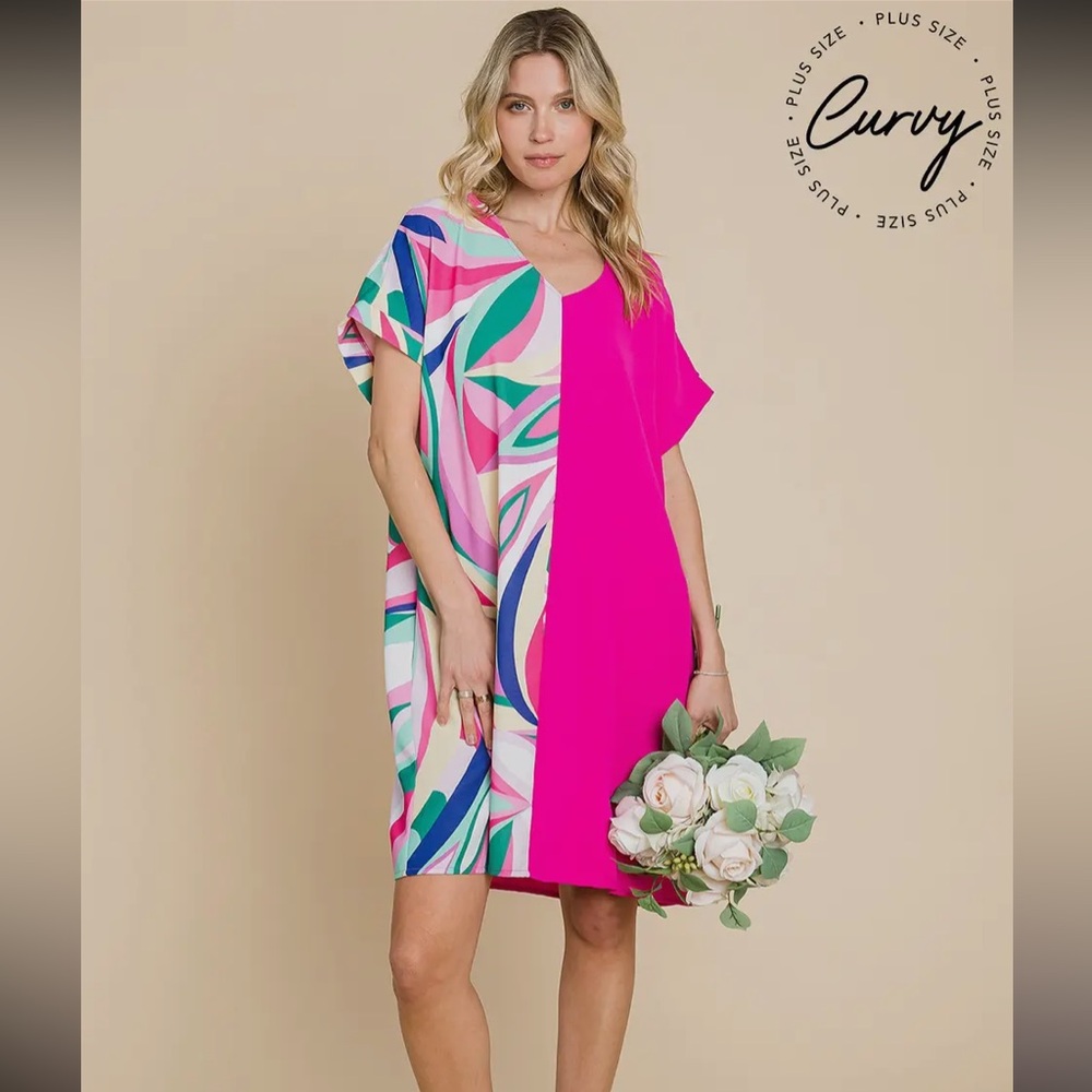 Cotton Bleu’s Curvy Color Block V- neck dress